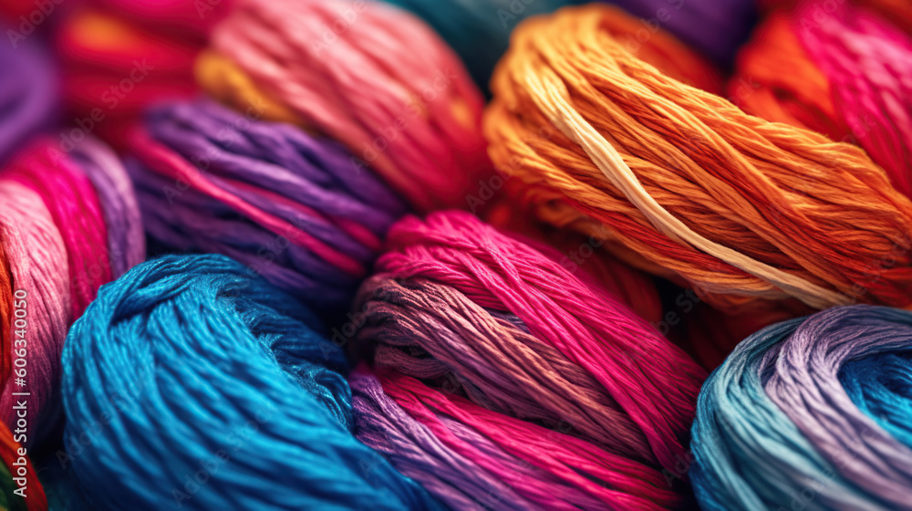 Colorful yarn on spool, yarn on tube, cotton, wool, linen thread. Generative Ai