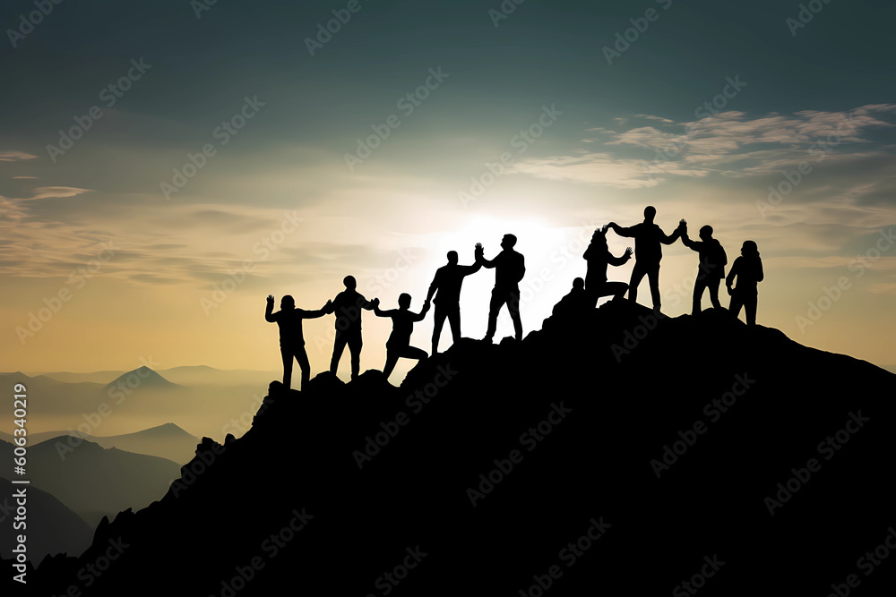 silhouettes of a group of people standing in line on the mountain top