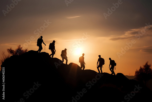 six people in silhouette on top of a mountain at sunset