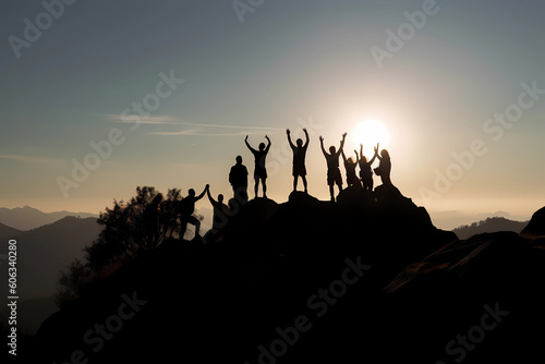 silhouette on top of mountain silhouette team of people at sunset