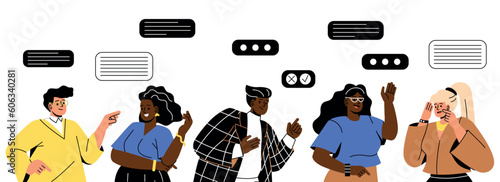 People talking set. Men and women with speech bubbles. Communication and interaction. Students, friends or colleagues discussing rumors. Cartoon flat vector collection isolated on white background