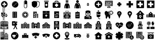 Set Of Hospital Icons Isolated Silhouette Solid Icon With Patient, Care, Health, Clinic, Medical, Doctor, Hospital Infographic Simple Vector Illustration Logo