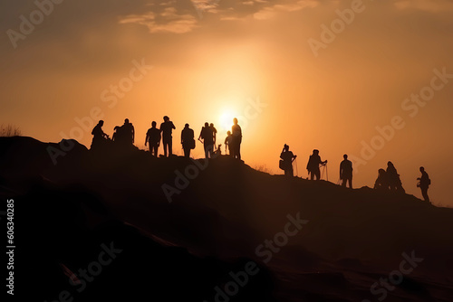 silhouettes of people sitting on top of a hill at sunset