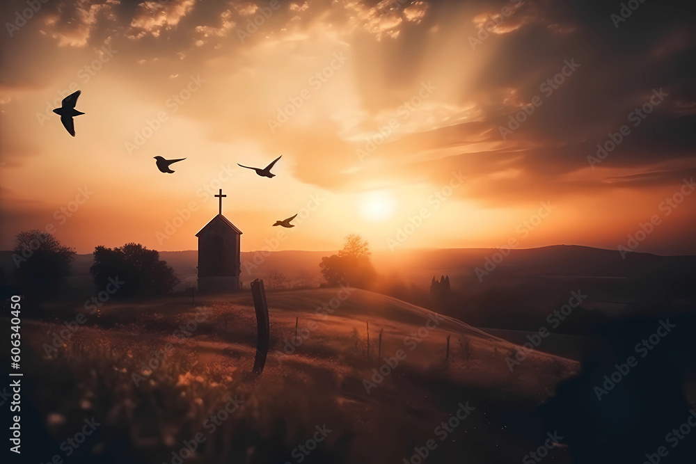 sunset with birds flying above wooden church with a view to the hills above small field