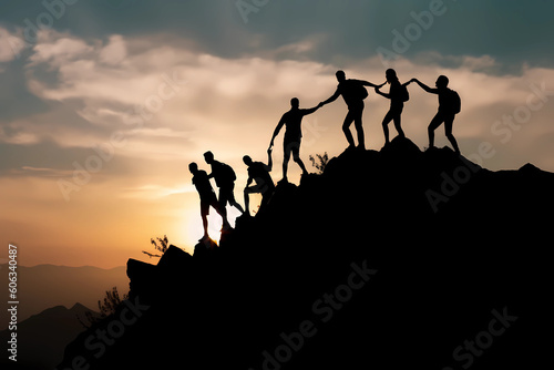 team work concept in silhouette at sunset