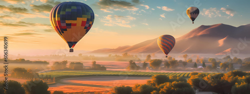 three hot air balloons over a sunset over a valley
