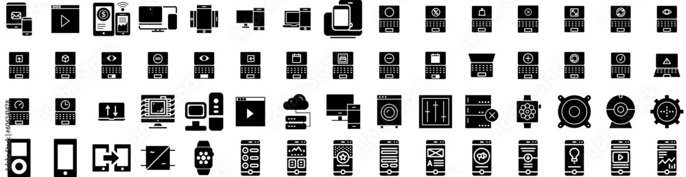 Set Of Devices Icons Isolated Silhouette Solid Icon With Screen, Digital, Computer, Mobile, Phone, Technology, Tablet Infographic Simple Vector Illustration Logo Set Of Devices Icons Isolated Silhouette Solid Icon With Screen, Digital, Computer, Mobile, Phone, Technology, Tablet Infographic Simple Vector Illustration Logo