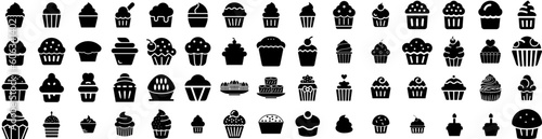 Set Of Cupcake Icons Isolated Silhouette Solid Icon With Cupcake, Frosting, Dessert, Sweet, Cake, Isolated, Food Infographic Simple Vector Illustration Logo