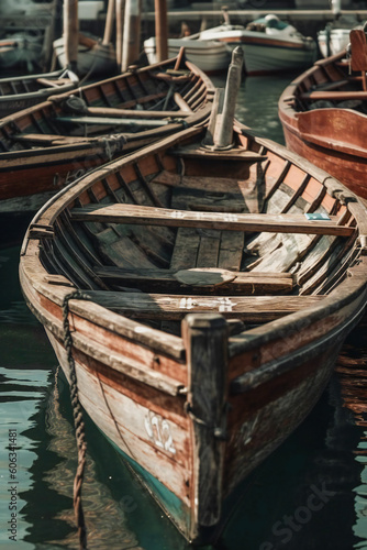 Old wooden boats in a harbor. Created with Generative AI technology.