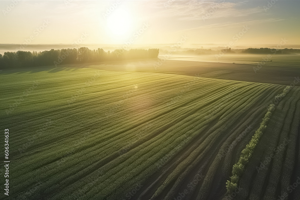 Aerial view on the field during sunset. Agricultural landscape from air. generative ai
