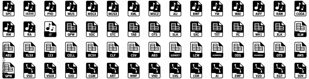 Set Of Format Icons Isolated Silhouette Solid Icon With Design, Document, File, Vector, Graphic, Digital, Format Infographic Simple Vector Illustration Logo