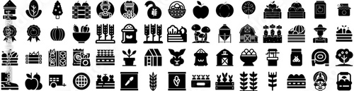 Set Of Harvest Icons Isolated Silhouette Solid Icon With Harvest, Autumn, Field, Agriculture, Farming, Crop, Farm Infographic Simple Vector Illustration Logo