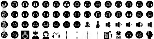 Set Of Headphone Icons Isolated Silhouette Solid Icon With Equipment, Headset, Stereo, Technology, Audio, Music, Sound Infographic Simple Vector Illustration Logo