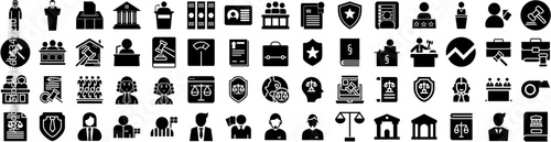 Set Of Judge Icons Isolated Silhouette Solid Icon With Legal, Justice, Law, Court, Judge, Verdict, Punishment Infographic Simple Vector Illustration Logo