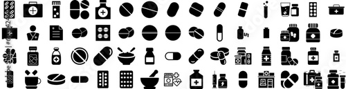 Set Of Medication Icons Isolated Silhouette Solid Icon With Drug, Treatment, Pharmaceutical, Capsule, Medicine, Health, Medical Infographic Simple Vector Illustration Logo