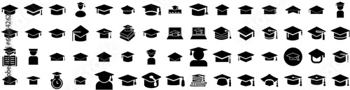 Set Of Mortarboard Icons Isolated Silhouette Solid Icon With School, College, Mortarboard, Cap, Graduate, Education, Graduation Infographic Simple Vector Illustration Logo