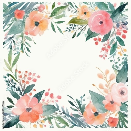 Wreath, floral frame, watercolor flowers roses, Illustration hand painted. Isolated on white background. Perfectly for greeting card design. Generative Ai. © Kowit
