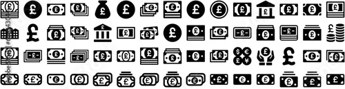 Set Of Pound Icons Isolated Silhouette Solid Icon With Banking, Business, Cash, Bank, Money, Currency, Finance Infographic Simple Vector Illustration Logo