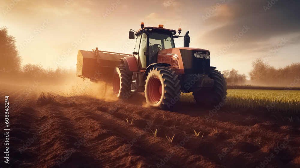 Naklejka premium Rural seasonal works on farm land by industrial farming machinery or tractor on nature field at sunset. Agricultural cultivation for production organic food. 