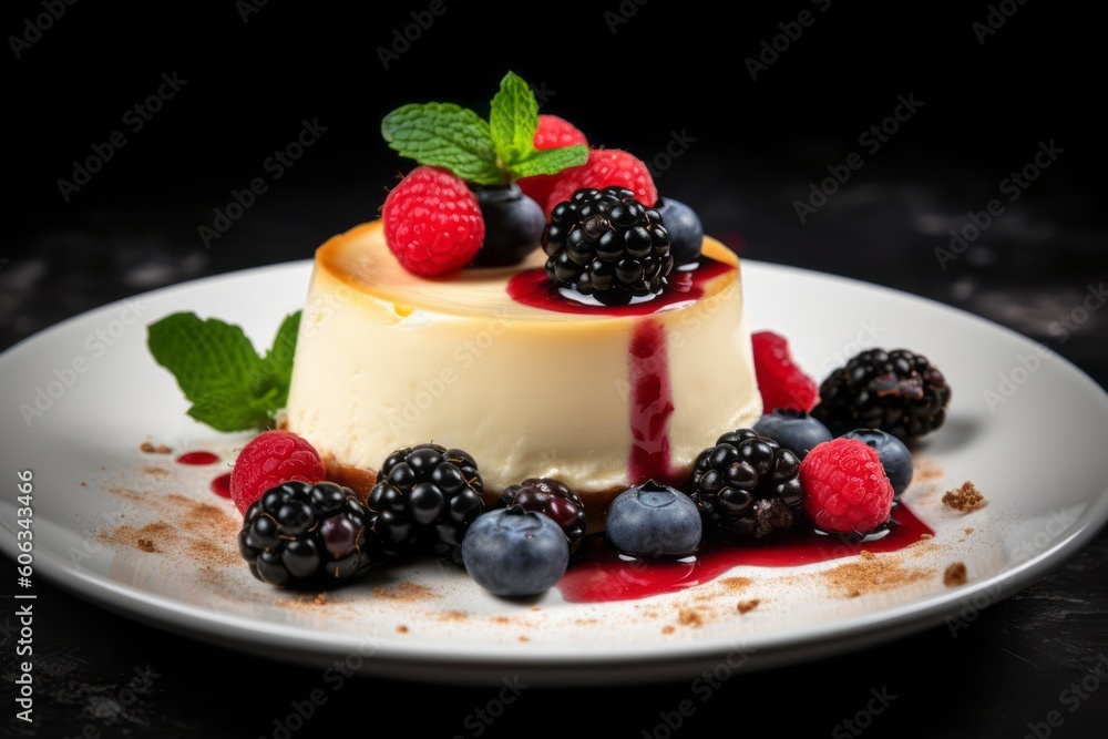A plate of cheesecake with berries and mint. Generative AI A plate of cheesecake with berries and mint. Generative AI