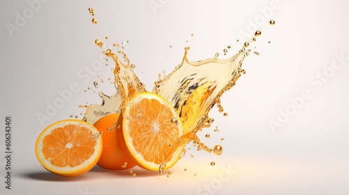 Fresh orange falling into the water on a white background. Generative AI.