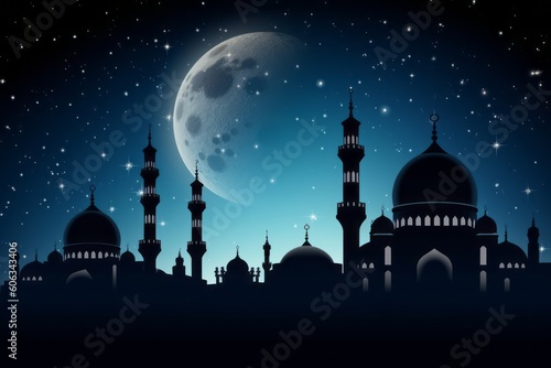 A night scene with a mosque and the moon in the background. Generative AI