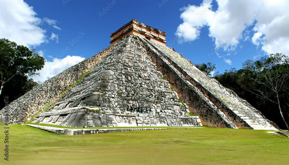 Mayan pyramid of Kukulcan El Castillo. Aztec pyramid. Generative AI