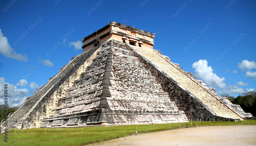 Mayan pyramid of Kukulcan El Castillo. Aztec pyramid. Generative AI