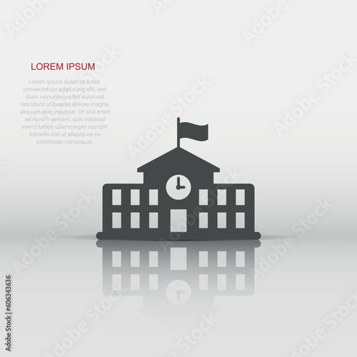 School building icon in flat style. College education vector illustration on white background. Bank, government business concept.