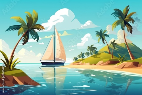 A sailboat is sailing on the water in front of a beach  tropical island illustration. Generative AI