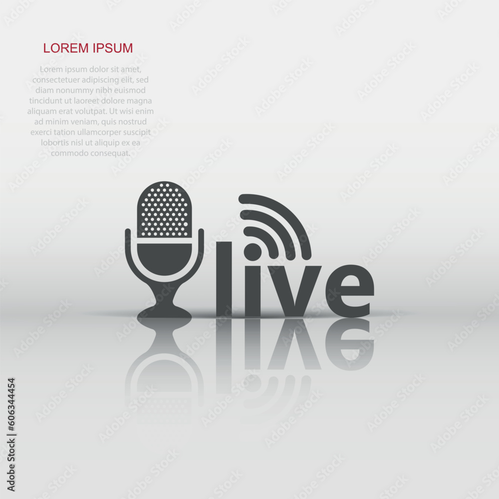 Microphone icon in flat style. Live broadcast vector illustration on white isolated background. Sound record business concept. Microphone icon in flat style. Live broadcast vector illustration on white isolated background. Sound record business concept.