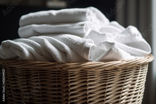 wicker laundry basket overflowing with neatly folded white towels and linens