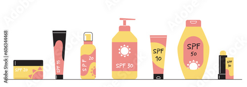 Set sunscreen with spf. Skin care and UV protection. Creams for relaxing on beach and sunbathing. Pack of lotions. Poster or banner. Cartoon flat vector collection isolated on white background
