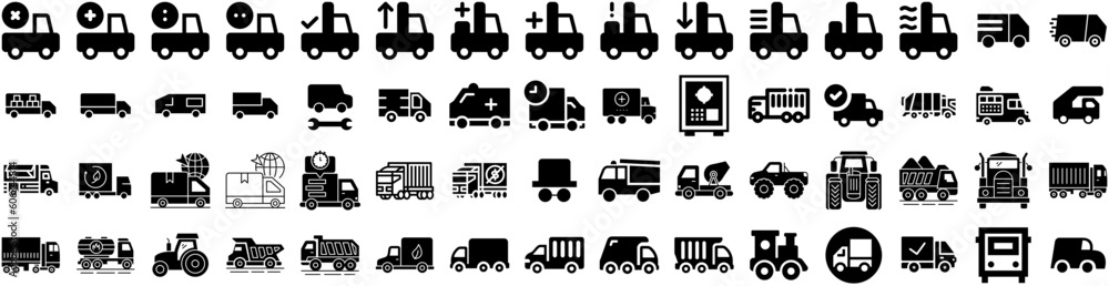 Set Of Truck Icons Isolated Silhouette Solid Icon With Delivery, Shipping, Transport, Freight, Transportation, Truck, Cargo Infographic Simple Vector Illustration Logo Set Of Truck Icons Isolated Silhouette Solid Icon With Delivery, Shipping, Transport, Freight, Transportation, Truck, Cargo Infographic Simple Vector Illustration Logo
