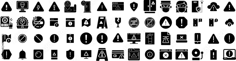 Set Of Warning Icons Isolated Silhouette Solid Icon With Security, Danger, Attention, Hazard, Safety, Alert, Caution Infographic Simple Vector Illustration Logo Set Of Warning Icons Isolated Silhouette Solid Icon With Security, Danger, Attention, Hazard, Safety, Alert, Caution Infographic Simple Vector Illustration Logo