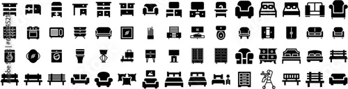 Set Of Furniture Icons Isolated Silhouette Solid Icon With Interior, Design, Room, Furniture, Home, Table, Living Infographic Simple Vector Illustration Logo