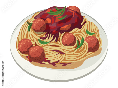 delicious hot spaghetti vector illustration complete with red sauce and meat balls