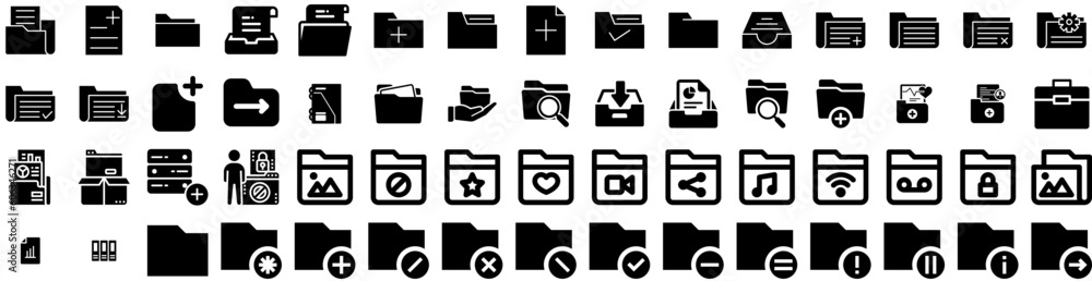 Set Of Folder Icons Isolated Silhouette Solid Icon With Document, Business, Folder, Illustration, File, Open, Paper Infographic Simple Vector Illustration Logo