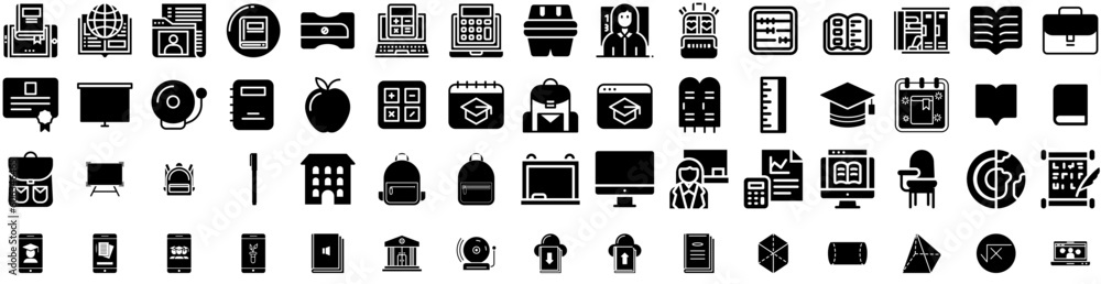Set Of School Icons Isolated Silhouette Solid Icon With Student, Education, Back, Book, Concept, Study, School Infographic Simple Vector Illustration Logo Set Of School Icons Isolated Silhouette Solid Icon With Student, Education, Back, Book, Concept, Study, School Infographic Simple Vector Illustration Logo