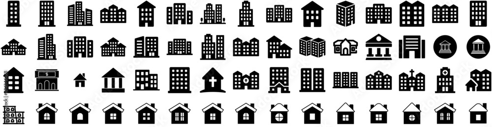Set Of Building Icons Isolated Silhouette Solid Icon With Construction, Business, Building, Office, City, Urban, Architecture Infographic Simple Vector Illustration Logo