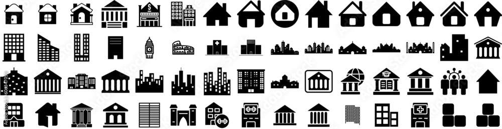 Set Of Building Icons Isolated Silhouette Solid Icon With Office, Urban, Business, Construction, City, Architecture, Building Infographic Simple Vector Illustration Logo