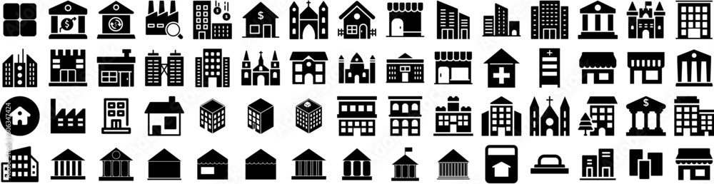 Set Of Building Icons Isolated Silhouette Solid Icon With Building, City, Urban, Architecture, Construction, Business, Office Infographic Simple Vector Illustration Logo