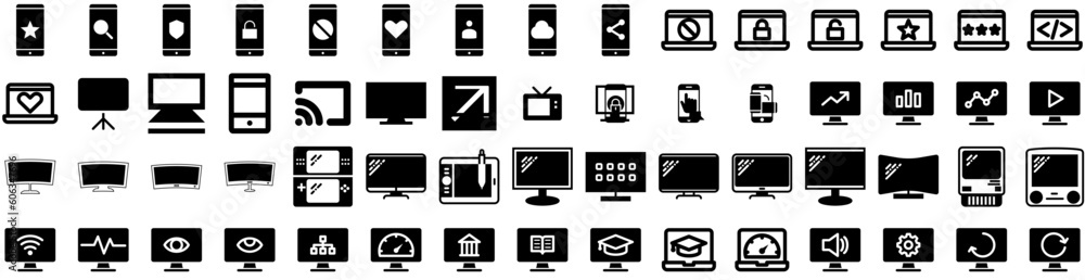 Set Of Screen Icons Isolated Silhouette Solid Icon With Display, Digital, Screen, Blank, Technology, Computer, Device Infographic Simple Vector Illustration Logo