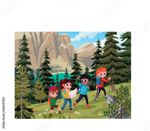 a group of friends are hiking in the mountains. Friends character concept with tools on trip in forest and river background. Vector illustration.