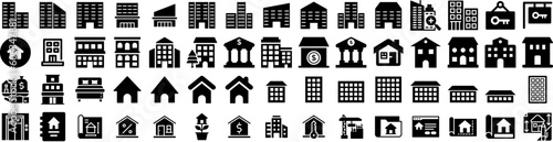 Set Of Estate Icons Isolated Silhouette Solid Icon With Home, Estate, Real, Business, House, Investment, Property Infographic Simple Vector Illustration Logo