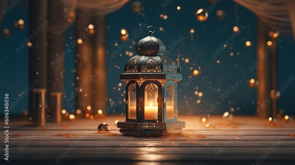 Obraz premium ramadan kareem with ornamental arabic lantern burning glowing candle and blank space on left side, Generative AI