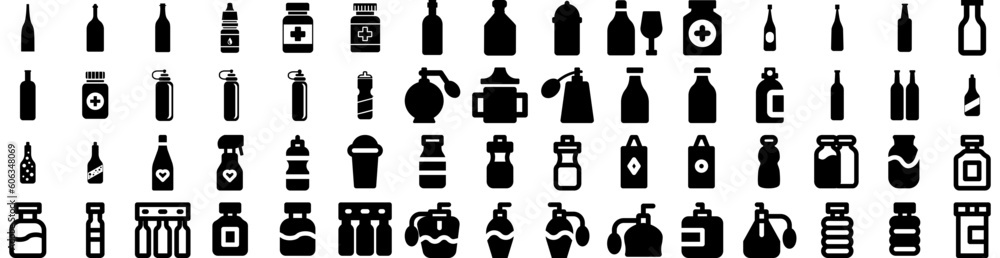 Set Of Bottle Icons Isolated Silhouette Solid Icon With White, Isolated, Drink, Vector, Design, Bottle, Container Infographic Simple Vector Illustration Logo Set Of Bottle Icons Isolated Silhouette Solid Icon With White, Isolated, Drink, Vector, Design, Bottle, Container Infographic Simple Vector Illustration Logo