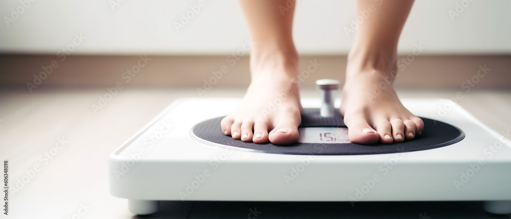 Fototapeta premium women feet on weight scale diet concept