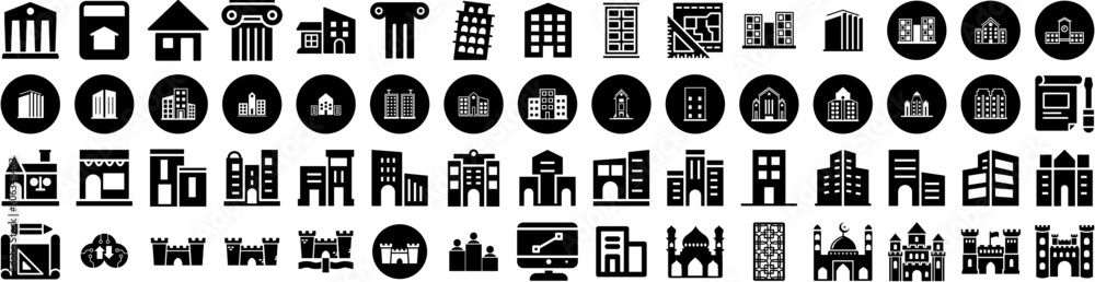 Set Of Architecture Icons Isolated Silhouette Solid Icon With Background, Structure, Modern, Architecture, Design, Building, Construction Infographic Simple Vector Illustration Logo