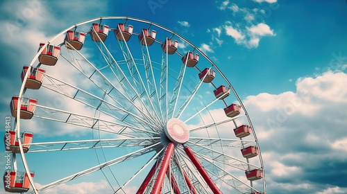 Ferris wheel on cloudy sky background. Generative Ai